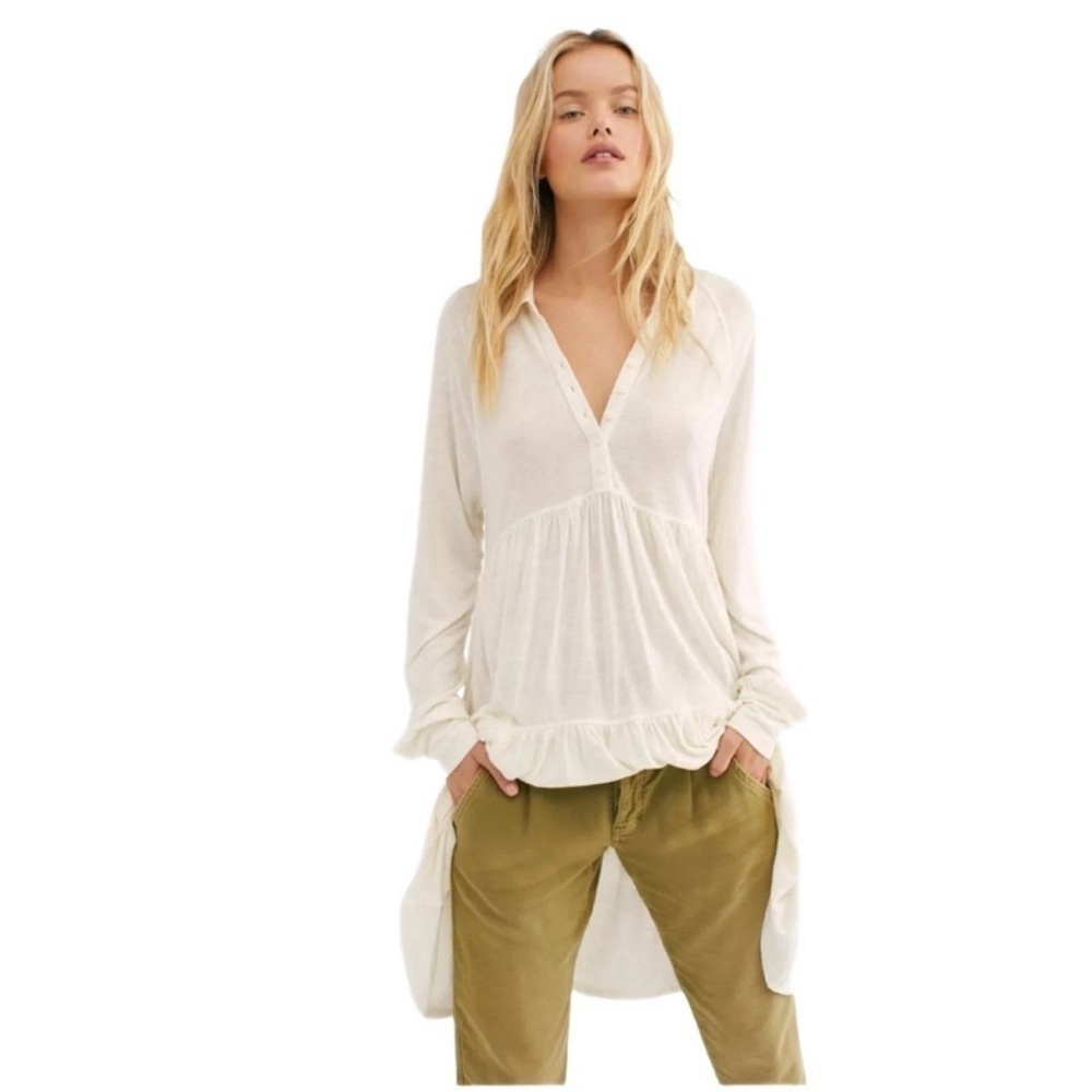 Free People “Best Girl” Long Sleeve Button Down Keyhole Tunic Dress in Ivory, L